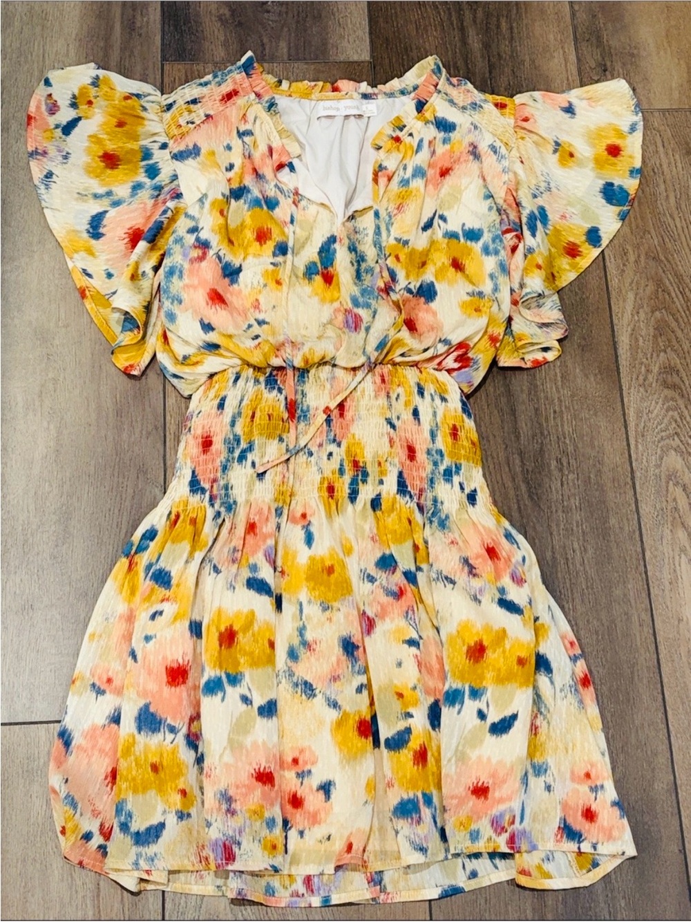 bishop + young Painterly Floral V-Neck Dress in Blue, Yellow & Coral